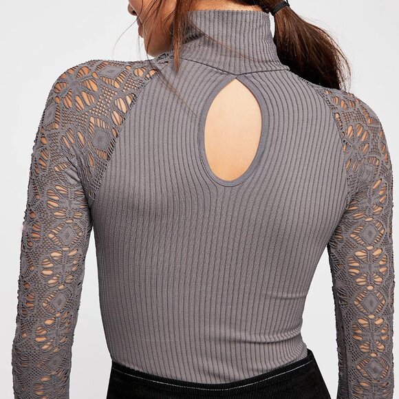 ISO Free People Rib and Lace Turtleneck Gunmetal Gray Size XS/S - Picture 2 of 3